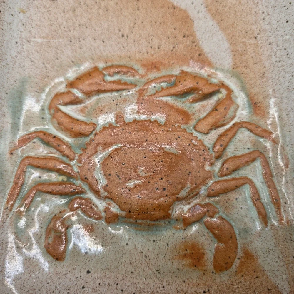 Hugh Wayne Signed Studio Pottery Crab Tray Rectangular Coastal Stoneware Platter